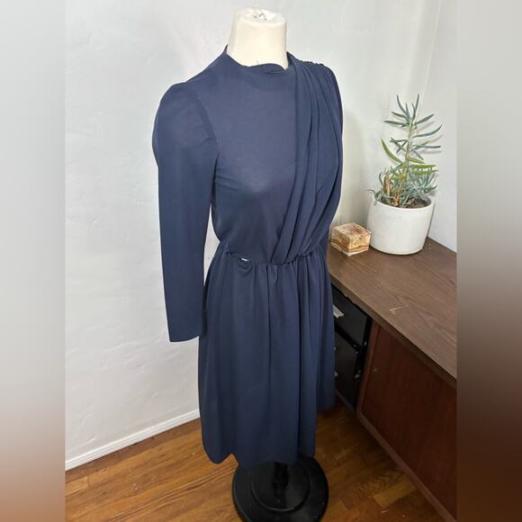 Vintage 80s DW3 Navy Drapped Cocktail Disco Dress size 6 - Picture 2 of 7